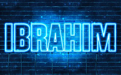 Ibrahim, 4k, pap&#233;is de parede com os nomes de, texto horizontal, Ibrahim nome, luzes de neon azuis, imagem com o nome de Ibrahim