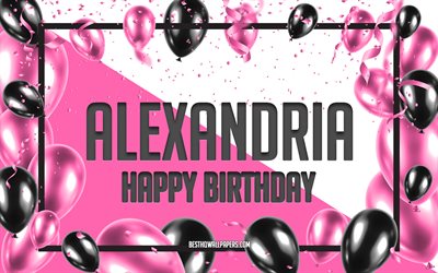 お誕生日おめでアレクサンドリア, お誕生日の風船の背景, アレクサンドリア, 壁紙名, アレクサンドリアのお誕生日おめで, ピンク色の風船をお誕生の背景, ご挨拶カード, アレクサンドリアの誕生日