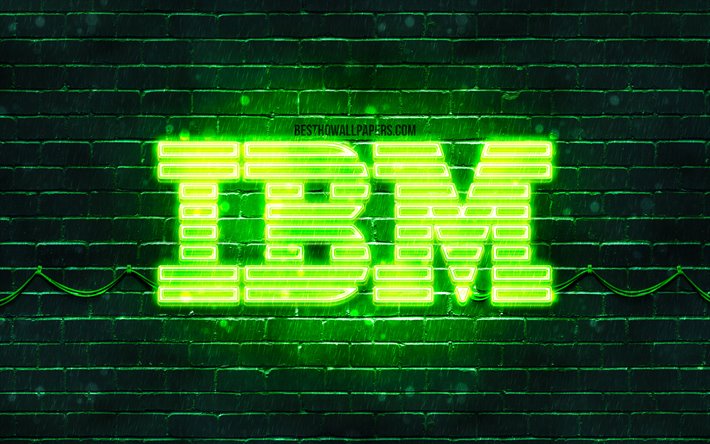 IBM logotipo verde, 4k, verde brickwall, IBM logotipo, marcas, IBM logotipo da neon, IBM