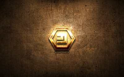 Emercoin golden logo, cryptocurrency, brown metal background, creative, Emercoin logo, cryptocurrency signs, Emercoin