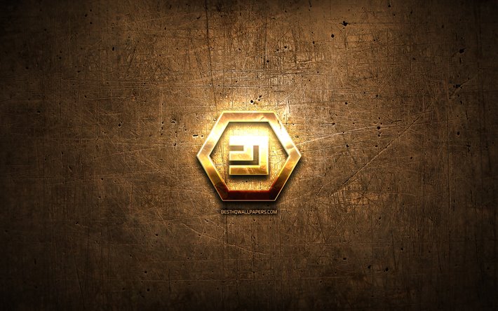 emercoin golden logo, kryptogeld, braun-metallic hintergrund, kreativ, emercoin logo, kryptogeld zeichen, emercoin