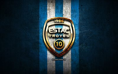 Troyes FC, golden logo, Ligue 2, blue metal background, football, ES Troyes, french football club, Troyes logo, soccer, France