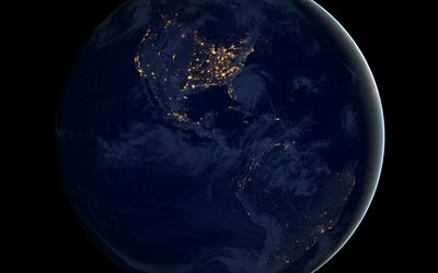 Terra, vista do espa&#231;o, Am&#233;rica Do Norte, Am&#233;rica Do Sul, continentes, EUA, na noite de espa&#231;o, Canad&#225;, O brasil, Terra &#224; noite, luzes da cidade