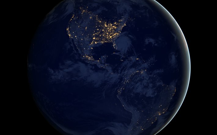 Earth, view from space, North America, South America, continents, USA at night from space, Canada at night from space, Brazil at night from space, Earth at night, city lights