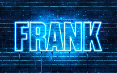 Frank, 4k, pap&#233;is de parede com os nomes de, texto horizontal, Frank nome, luzes de neon azuis, imagem com Frank nome