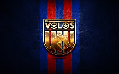 Volos FC, altın logo, S&#252;per Lig Yunanistan, mavi metal arka plan, futbol, FC Volos, Yunan Futbol Kul&#252;b&#252;, FC Volos logo, Yunanistan