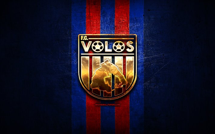 Volos FC, golden logotyp, Super League Grekland, bl&#229; metall bakgrund, fotboll, FC Volos, grekisk fotboll club, FC Volos logotyp, Grekland