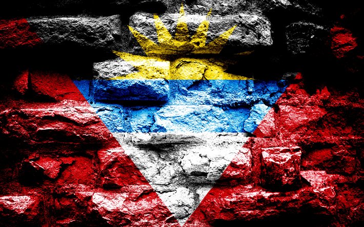 Antigua e Barbuda, bandiera, grunge texture di mattoni, Bandiera di Antigua e Barbuda, bandiera su un muro di mattoni, in Europa, le bandiere dei paesi europei
