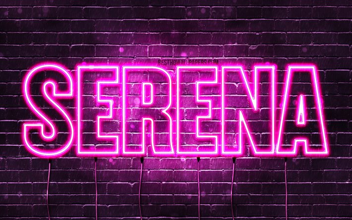 Serena, 4k, wallpapers with names, female names, Serena name, purple neon lights, horizontal text, picture with Serena name