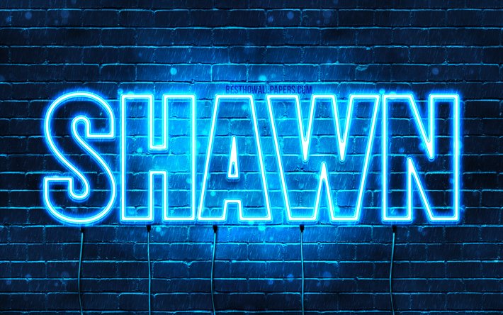 Shawn, 4k, fondos de pantalla con los nombres, el texto horizontal, Shawn nombre, luces azules de ne&#243;n, imagen con Shawn nombre