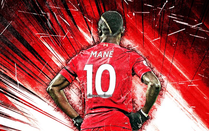Sadio Mane, 4k, grunge art, takaisin n&#228;kym&#228;, Senegalin jalkapalloilijat, Liverpool FC, punainen abstrakti-s&#228;teilt&#228;, Harja Liverpool, jalkapallo, LFC, Premier League, Sadio Mane 4K