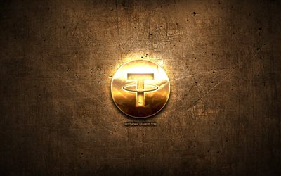 Tether golden logo, cryptocurrency, brown metal background, creative, Tether logo, cryptocurrency signs, Tether