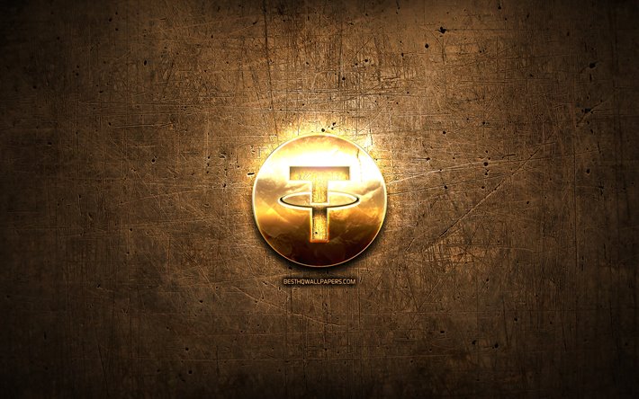 Tether golden logotyp, cryptocurrency, brun metall bakgrund, kreativa, Tether-logotyp, cryptocurrency tecken, Tether