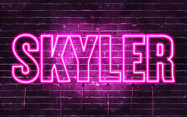 Skyler, 4k, pap&#233;is de parede com os nomes de, nomes femininos, Skyler nome, roxo luzes de neon, texto horizontal, imagem com Skyler nome