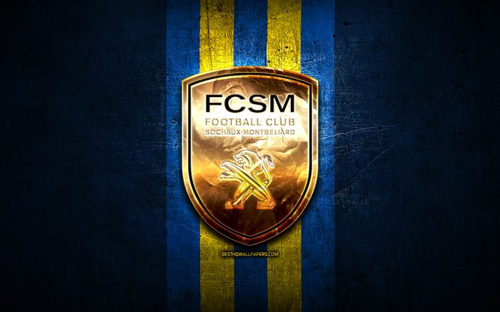 FC Sochaux, golden logotyp, League 2, bl&#229; metall bakgrund, fotboll, FC Sochaux-Montbeliard, franska fotbollsklubben, Sochaux logotyp, Frankrike