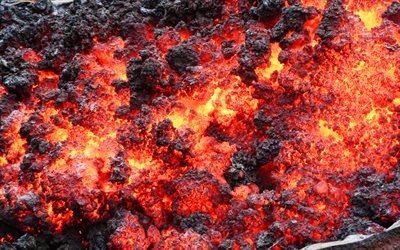 4k, 溶岩の質感, マクロ, 火災の背景, 赤色の溶岩焼き, 赤熱溶岩, 溶岩, 溶岩焼き