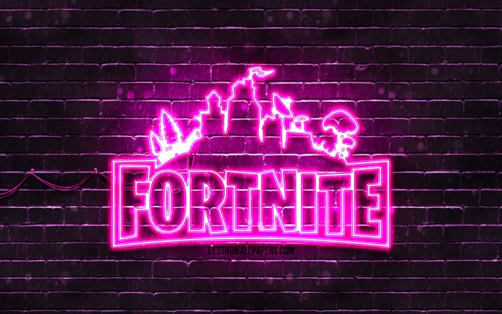 Fortnite lila logotyp, 4k, lila brickwall, Fortnite logotyp, 2020 spel, Fortnite neon logotyp, Fortnite