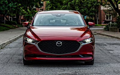 Mazda 3, 2020, vista frontal, vermelho hatchback, exterior, vermelho novo Mazda 3, far&#243;is, Carros japoneses, Mazda