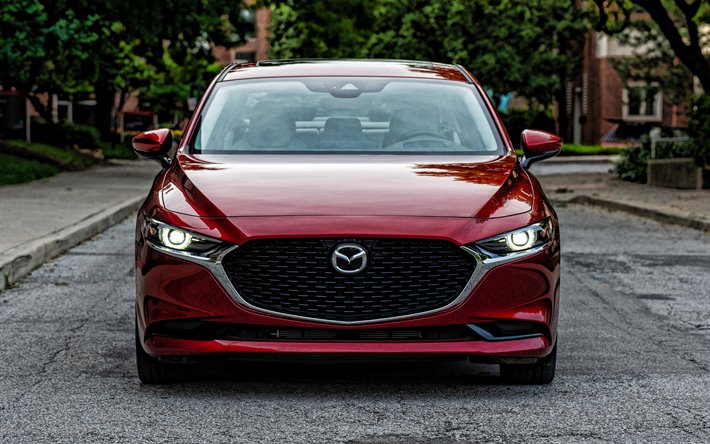 Mazda 3, a&#241;o 2020, vista de frente, rojo hatchback, exterior, rojo nuevo Mazda 3, los faros, los coches Japoneses, Mazda