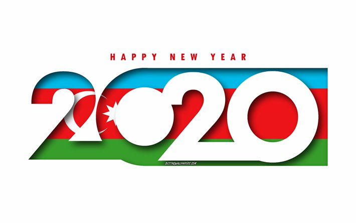 Azerbaidžan 2020, Lippu Azerbaidžan, valkoinen tausta, Hyv&#228;&#228; Uutta Vuotta Azerbaidžan, 3d art, 2020 k&#228;sitteit&#228;, Azerbaidžanin lippu, 2020 Uusi Vuosi, 2020 Azerbaidžanin lippu