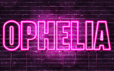 Ophelia, 4k, wallpapers with names, female names, Ophelia name, purple neon lights, horizontal text, picture with Ophelia name