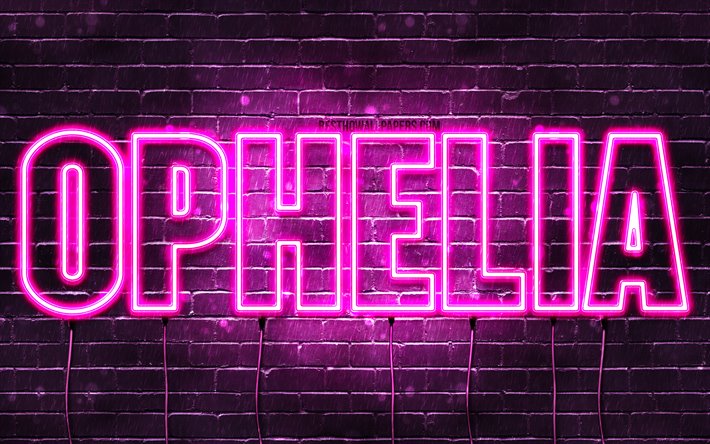 Ophelia, 4k, fondos de pantalla con los nombres, los nombres femeninos, Ophelia nombre, p&#250;rpura luces de ne&#243;n, el texto horizontal, imagen con el nombre de Ofelia