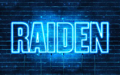 Raiden, 4k, sfondi per il desktop con i nomi, il testo orizzontale, Raiden nome, neon blu, immagine con nome Raiden