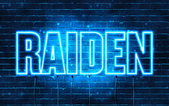 Raiden, 4k, fondos de pantalla con los nombres, el texto horizontal, Raiden nombre, luces azules de ne&#243;n, imagen con Raiden nombre
