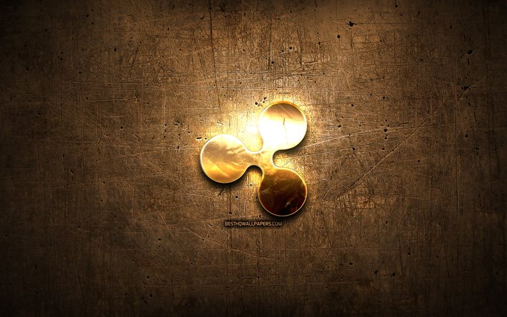 Ripple golden logo, cryptocurrency, brown metal background, creative, Ripple logo, cryptocurrency signs, Ripple