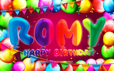 Happy Birthday Romy, 4k, colorful balloon frame, Romy name, purple background, Romy Happy Birthday, Romy Birthday, popular german female names, Birthday concept, Romy