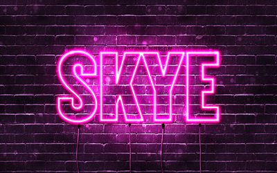 Skye, 4k, fondos de pantalla con los nombres, los nombres femeninos, Skye nombre, p&#250;rpura luces de ne&#243;n, el texto horizontal, imagen con el nombre de Skye