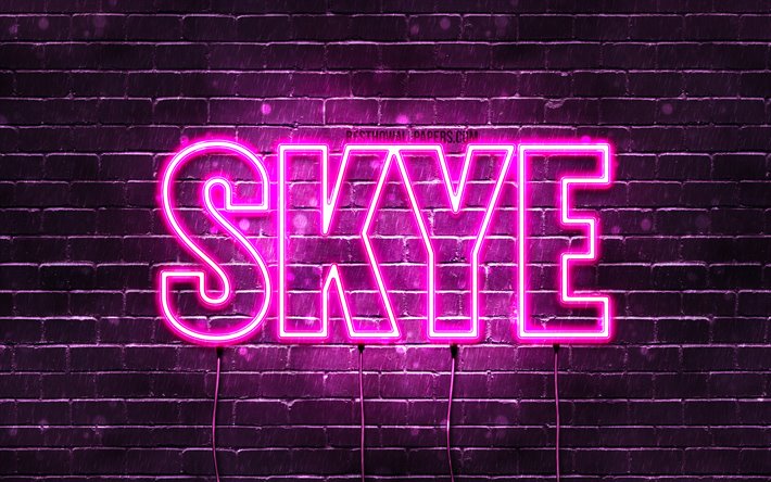 Skye, 4k, taustakuvia nimet, naisten nimi&#228;, Skye nimi, violetti neon valot, vaakasuuntainen teksti, kuva Skye nimi