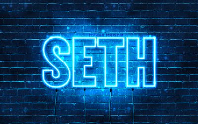 Seth, 4k, tapeter med namn, &#246;vergripande text, Seth namn, bl&#229;tt neonljus, bild med Seth namn
