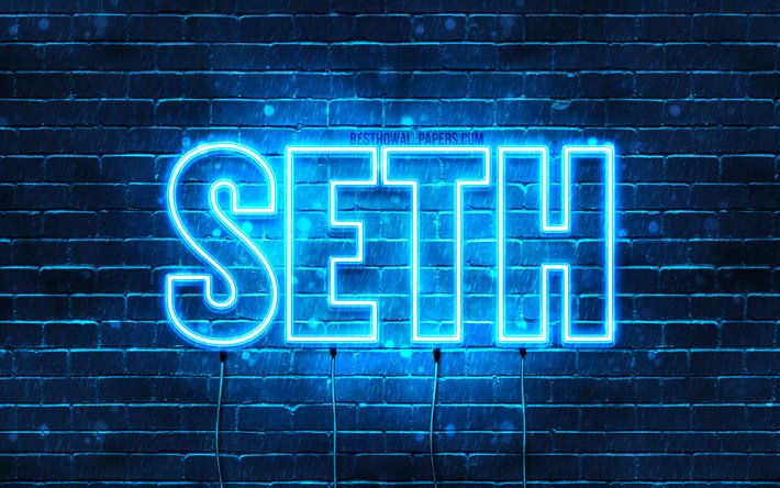 Seth, 4k, pap&#233;is de parede com os nomes de, texto horizontal, Seth nome, luzes de neon azuis, imagem com Seth nome