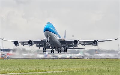 Boeing 747, passeggero, aereo, decollo, aeroporto, aereo di linea, viaggi in aereo concetti, KLM, Boeing 747-400, decollare l&#39;aereo, un Boeing