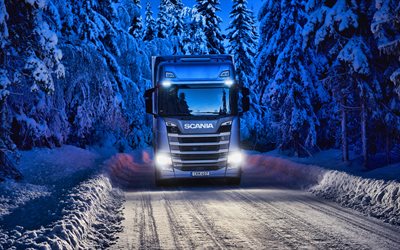 Scania R450, 4k, hiver, horizon 2020 camions, GRUES, transport de fret, 2020 Scania R450, trucks, Scania