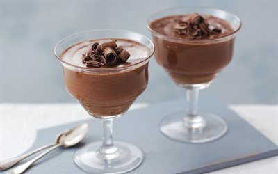 chocolate dessert, chocolate pudding, chocolate, sweets, glasses for desserts, chocolate mousse