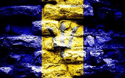 Barbados flag, grunge brick texture, Flag of Barbados, flag on brick wall, Barbados, Europe, flags of North countries