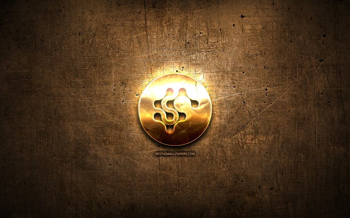 Synereo APLICACIONES de oro logotipo, cryptocurrency, marr&#243;n metal de fondo, creativo, Synereo APLICACIONES logotipo, cryptocurrency signos, Synereo APLICACIONES