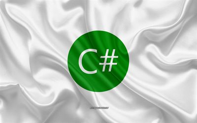 C Sharp logo, bianco seta, texture, C Sharp emblema, linguaggio di programmazione C Sharp, seta, sfondo