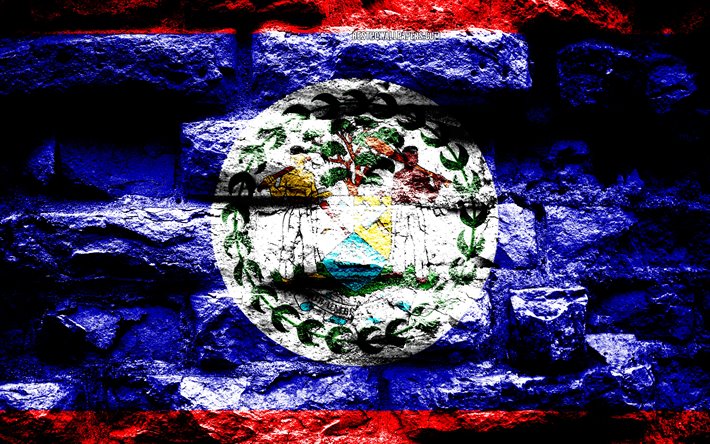 Belize flag, grunge brick texture, Flag of Belize, flag on brick wall, Belize, Europe, flags of North countries