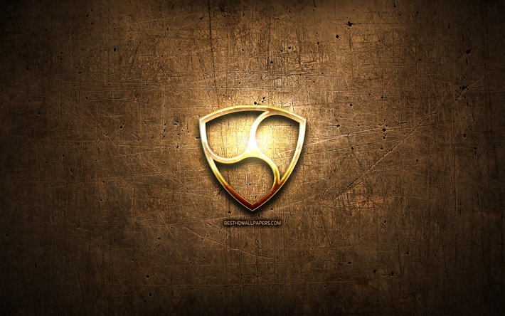 NEM de oro logotipo, cryptocurrency, marr&#243;n metal de fondo, creativo, NEM logotipo, cryptocurrency signos, NEM