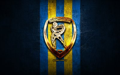 Panetolikos FC, golden logo, Super League Greece, blue metal background, football, FC Panetolikos, greek football club, Panetolikos logo, soccer, Greece