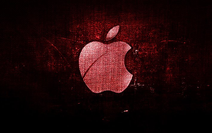 Apple red logo, red fabric background, Apple, creative, Apple denim logo, grunge art, Apple logo