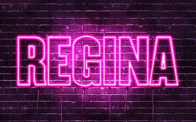 Regina, 4k, wallpapers with names, female names, Regina name, purple neon lights, horizontal text, picture with Regina name