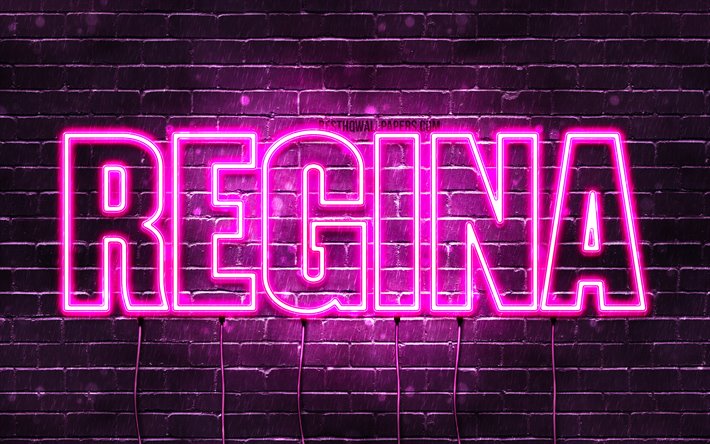 Regina, 4k, fondos de pantalla con los nombres, los nombres femeninos, Regina nombre, p&#250;rpura luces de ne&#243;n, el texto horizontal, imagen con el nombre de Regina