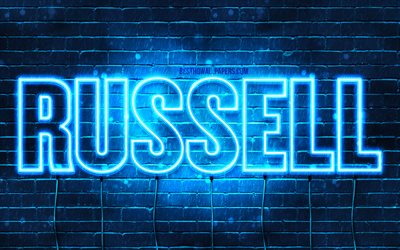 Russell, 4k, les papiers peints avec les noms, le texte horizontal, Russell nom, bleu n&#233;on, une photo avec le nom de Russell