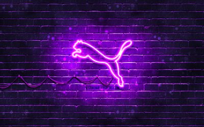 Puma violett logotyp, 4k, violett brickwall, Puma logotyp, varum&#228;rken, Puma neon logotyp, Puma