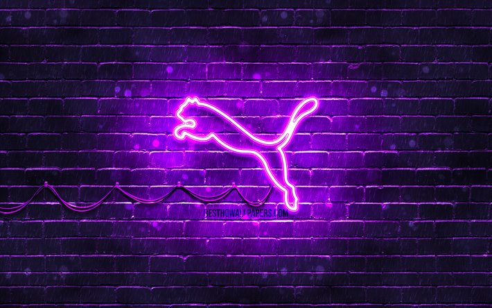 Puma logo violetti, 4k, violetti brickwall, Puma-logo, merkkej&#228;, Puma neon-logo, Puma