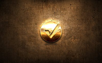Vertcoin golden logo, cryptocurrency, brown metal background, creative, Vertcoin logo, cryptocurrency signs, Vertcoin